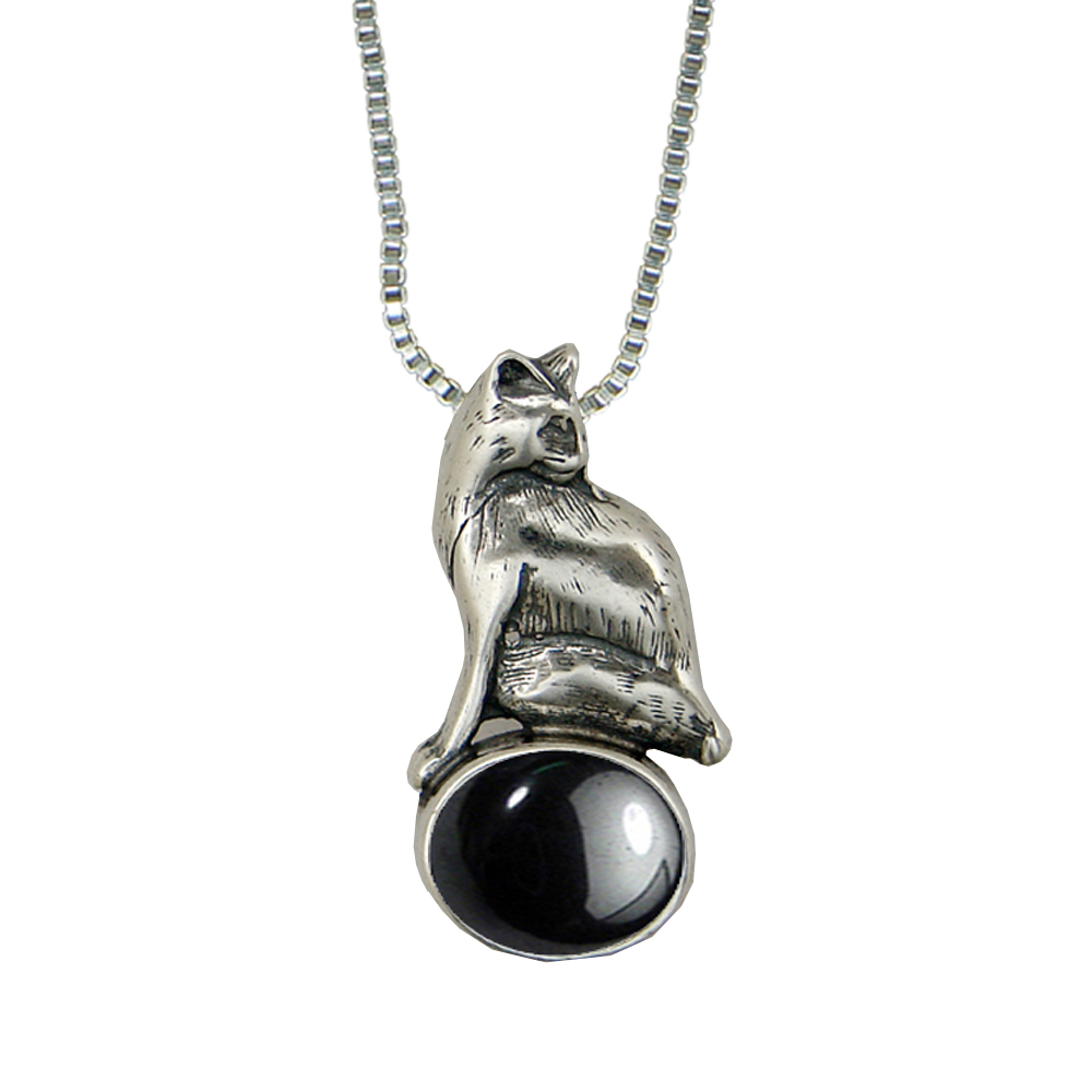 Sterling Silver Cat Looking For Mouse Pendant With Hematite